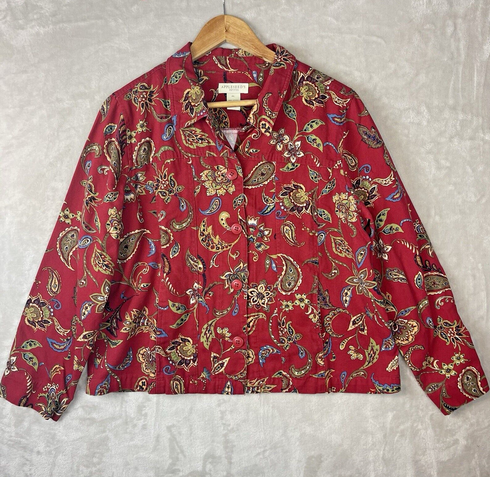 Vtg Appleseed's Women's Petite Large Red Paisley Jacket Twee Cottagecore Boho